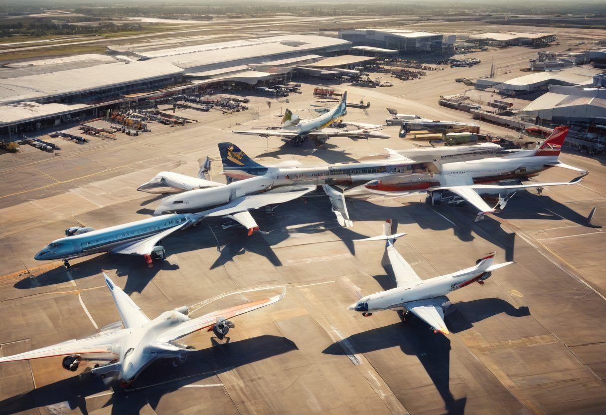 An aerial view of a modern airport bustling with activity, showcasing various aircraft—old and new—alongside sleek terminal buildings. In the foreground, a timeline with iconic historical passenger experiences like vintage boarding passes and retro travel posters. A contrast between the past and present, infused with travelers of diverse backgrounds enjoying the journey. Bright, engaging colors with a blend of realism and artistic flair. super-realistic. vibrant colors.