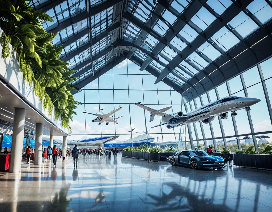 A futuristic airport with sleek designs, showcasing innovative aircraft soaring above and advanced travelers using high-tech gadgets. Vibrant sky with drones and flying cars, blending nature with technology, while colorful banners promote new travel experiences. A visual contrast between traditional and modern elements of aviation. digital art. vibrant colors. 3D.