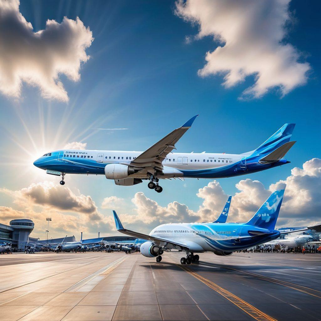 A futuristic airplane soaring through a vibrant blue sky with fluffy white clouds, incorporating advanced technology elements like sleek design and eco-friendly features. Below, a diverse group of travelers eagerly looking up in awe, with airport terminals in the background displaying digital screens of flight information. Emphasize a sense of wonder and innovation in aviation. vibrant colors. super-realistic.